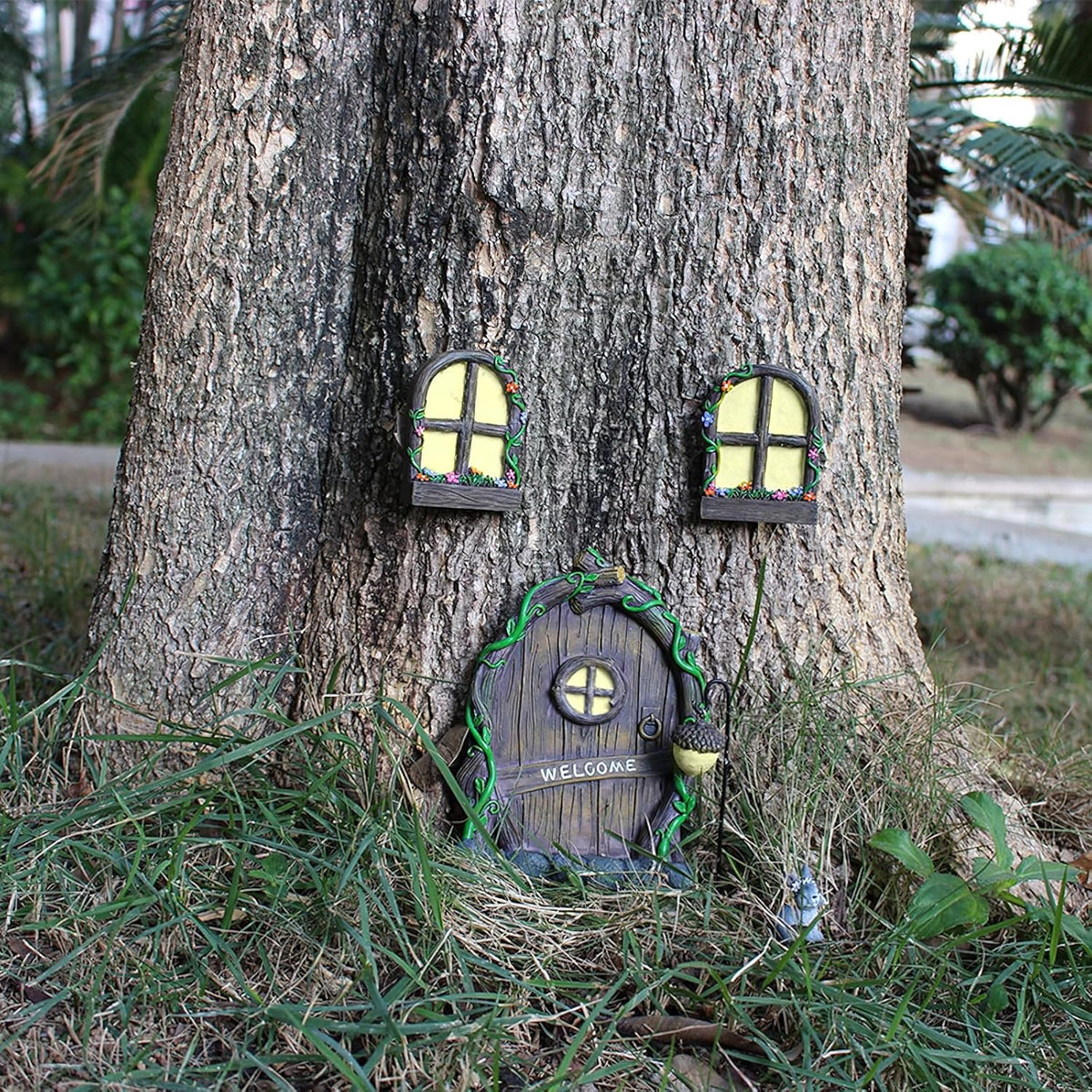 Fairy Door and Windows Garden Kit Accessories Outdoor, Glow in Dark Gnome House for Tree, Lawn Yard