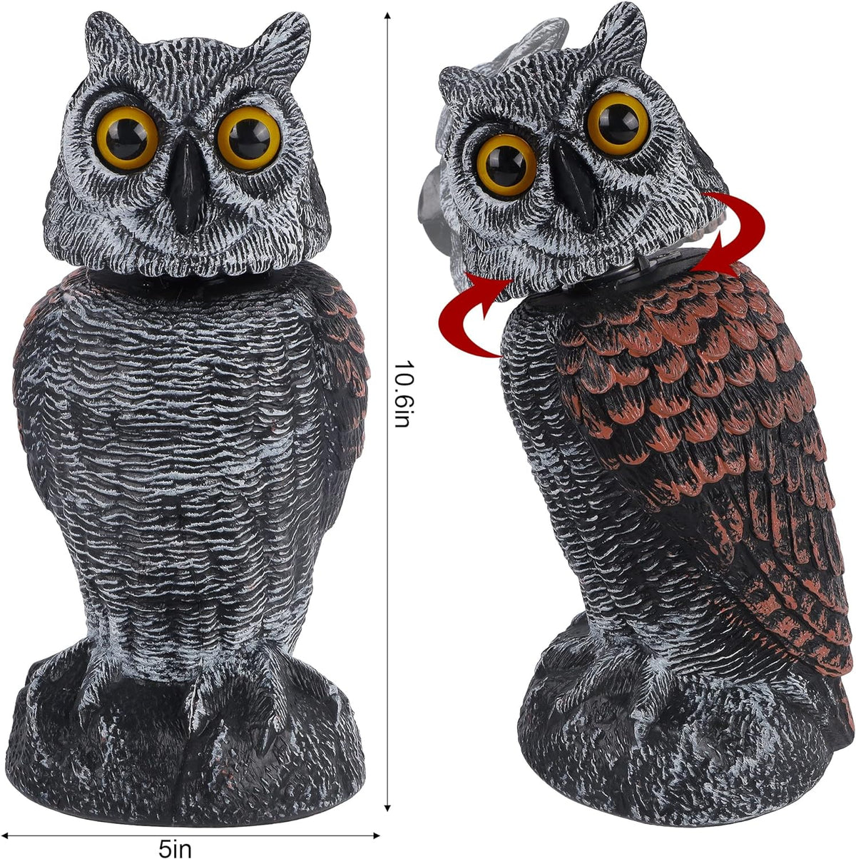 Hausse 2 Pack Bird Scarecrow Fake Owl Decoy Sculpture, Rotating Head Plastic Owl Bird Deterrents