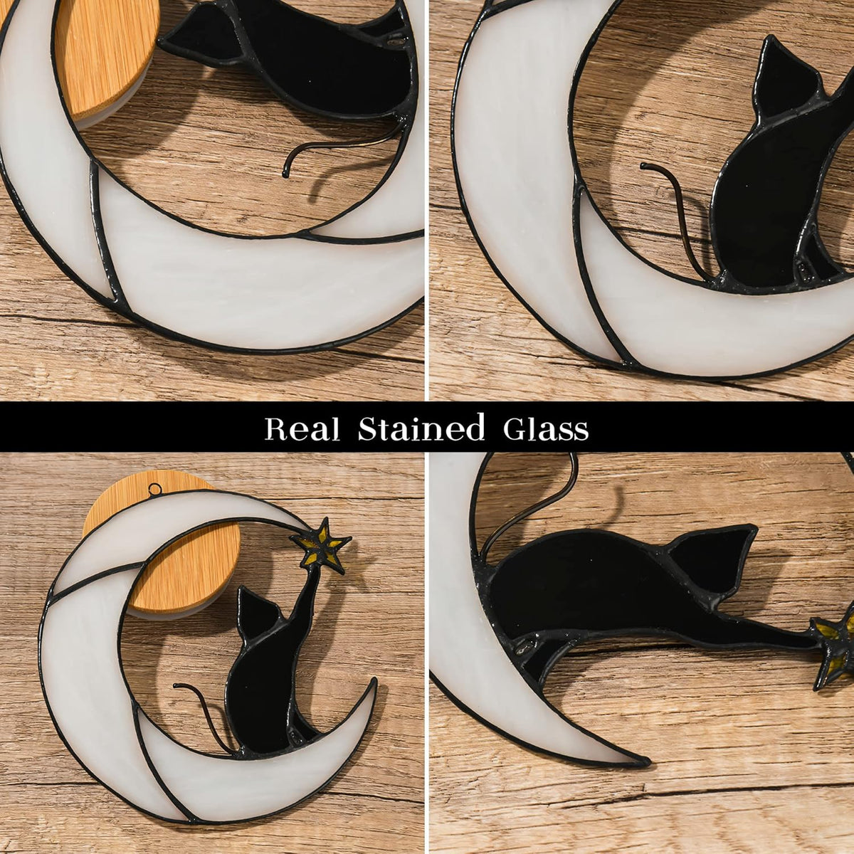 Stained Glass Cat on Moon Pick Star Window Hanging Suncatchers Memorial Gift Decor for Women (Black