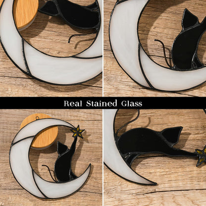 Stained Glass Cat on Moon Pick Star Window Hanging Suncatchers Memorial Gift Decor for Women (Black