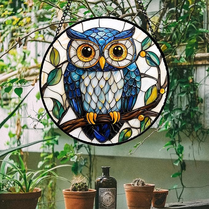 Stained Glass Window Hanging, Owl Gifts for Women Sun Catchers Diamond Glass Panel Hangings Birds
