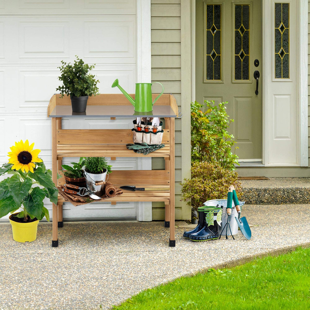 Yaheetech Potting Bench Outdoor Console Table w/3-Tier Storage,Natural Wood