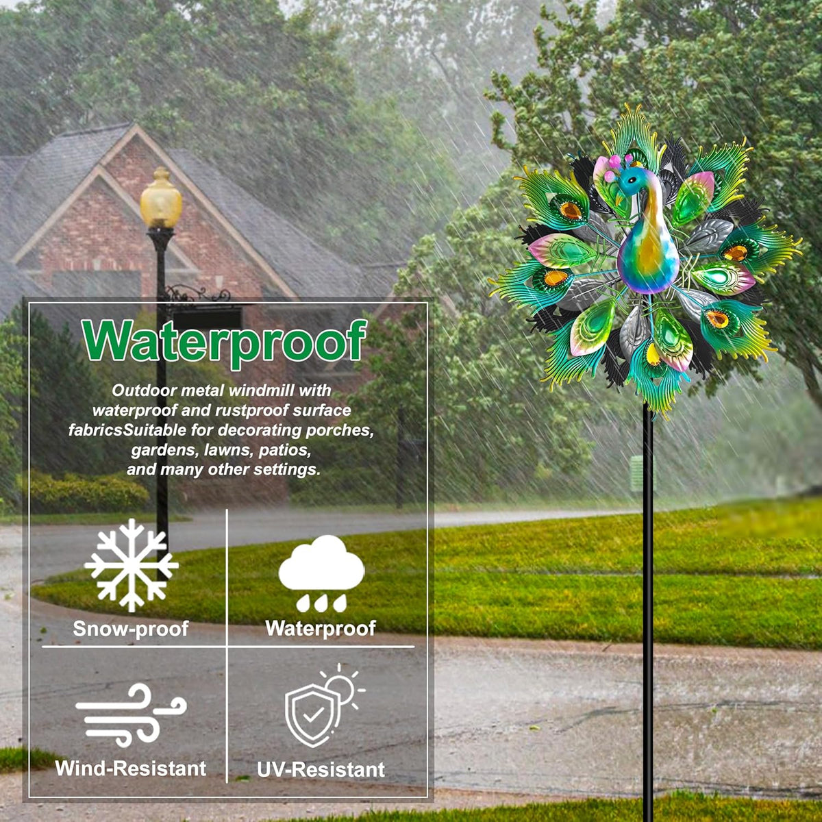 Outdoor Peacock Wind Spinners Featuring Glittering Gem Decor, 13.5" D x 65" H Double Layer Kinetic