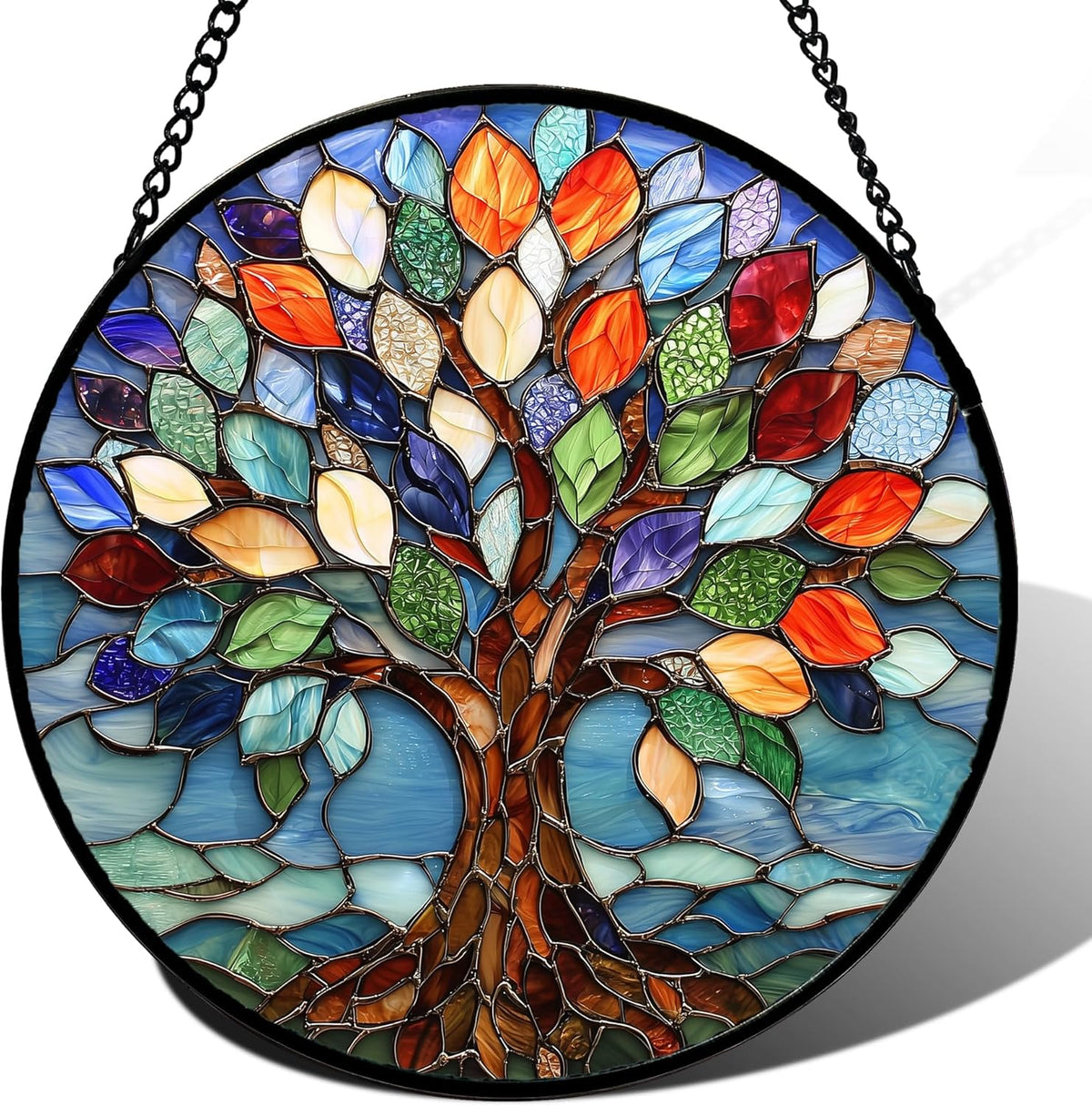 Stained Glass Window Hanging, Colorful Tree of Life Sun Catchers Glass Panel Blue Suncatcher Decor