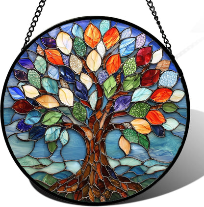 Stained Glass Window Hanging, Colorful Tree of Life Sun Catchers Glass Panel Blue Suncatcher Decor