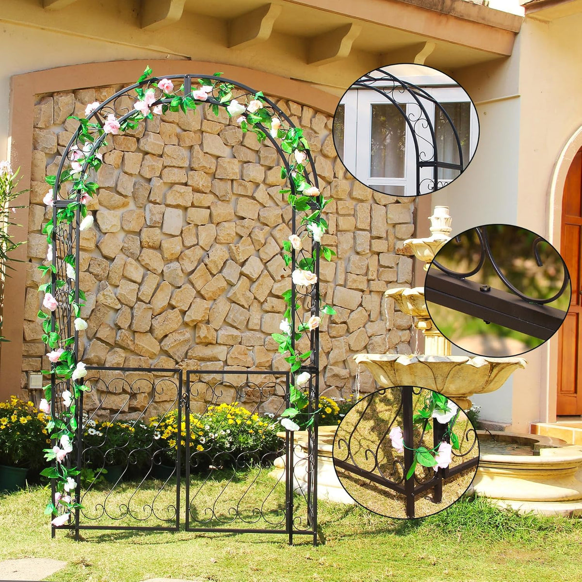 SCENDOR Heavy-Duty Arbor with Gate 48.8" W x 83.5" H, Iron Arch Trellis Arbor Archway for Climbing