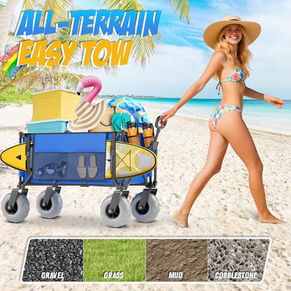 Beach Wagon with Big Wheels for Sand, 450lbs Heavy Duty Folding Wagon, Oversized 200L, 9" PVC