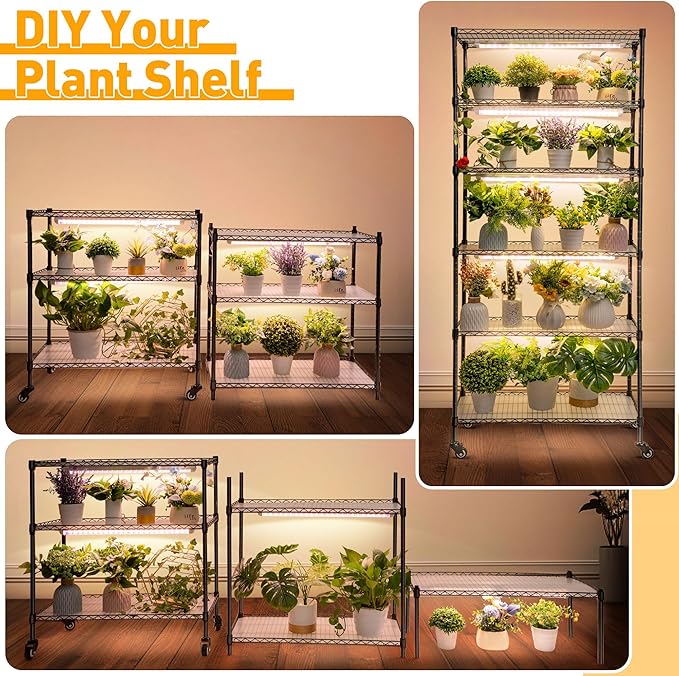 Meonum Plant Shelf with Grow Lights, 6 Tier DIY Metal Grow Rack with 90W LED Growing Lamps for Seed