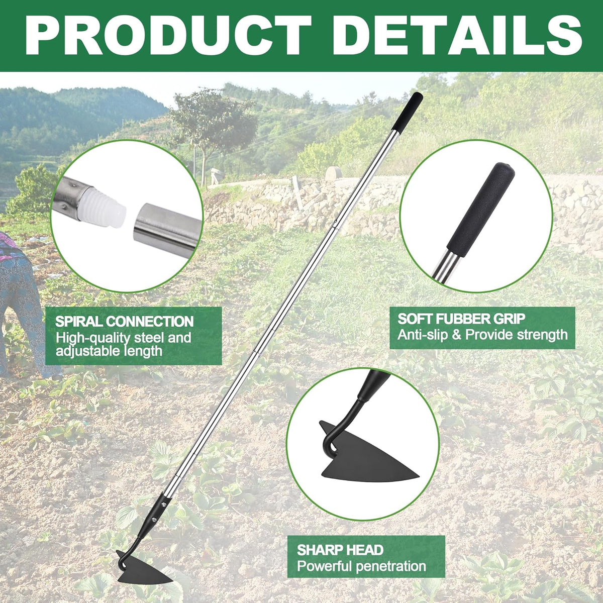 Warren Hoe, Carbon Steel Triangle Garden Hoe with Stainless Steel 57" Adjustable Long Handle, Heavy