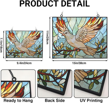 Rectangle Art Nouveau Dove and Olive Suncatchers for Windows, Stained Glass Window