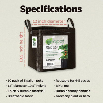 GeoPot 5 Gallon Fabric Grow Bags with Handles for Vegetables, Houseplants, Herbs & Flowers |