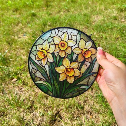 Stained Glass Window Hanging, Daffodil Flower Diamond Glass Panel Suncatcher Plant Sun Catchers for