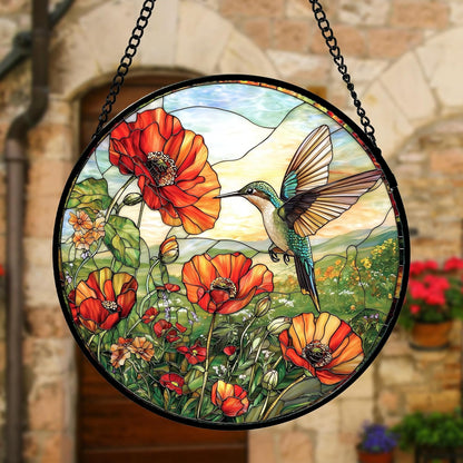 Stained Glass Window Hanging, Hummingbirds Orange Flowers Suncatcher Diamond Glass Panel Hangings