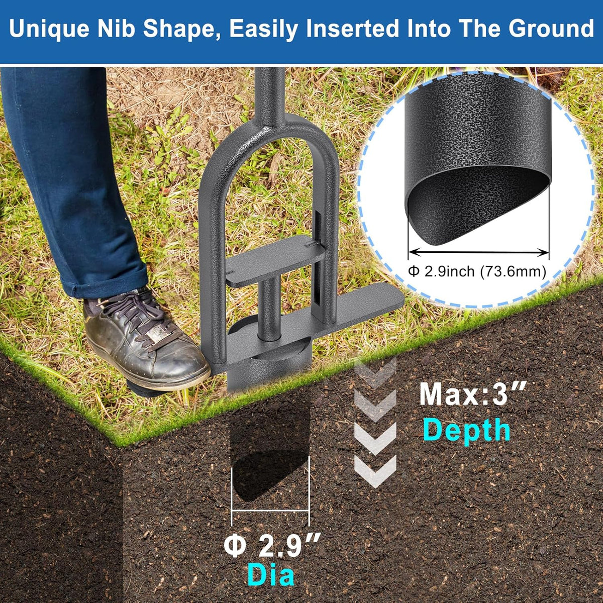 Garden Grass Plugger Tool with Long Handle Sod Turf Plugger Steel Bulb Planter with Soft Rubber
