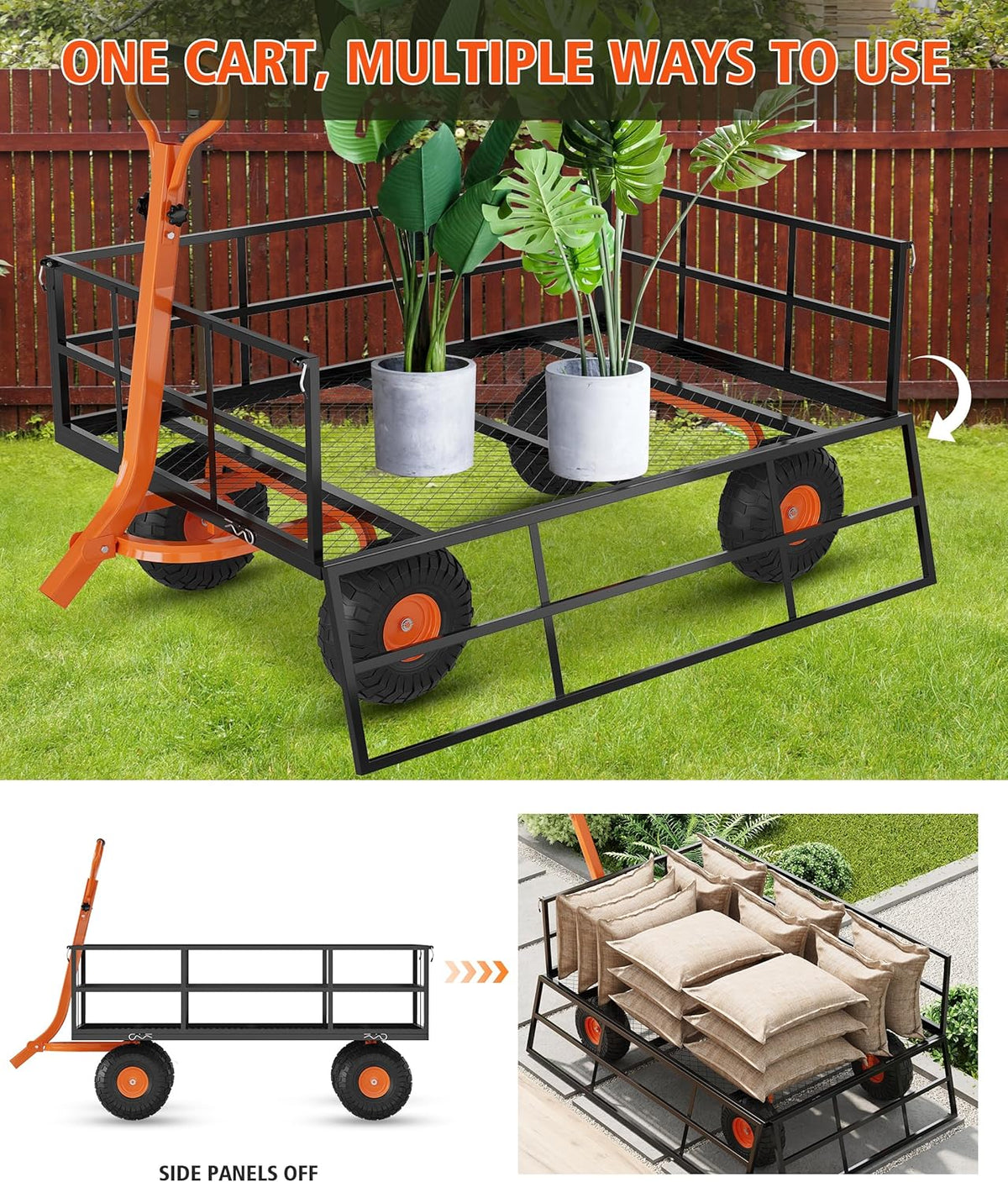 Versatile Garden Cart for Lawn and Yard with Heavy Duty Steel, 1200 Lbs Capacity Mesh Steel Garden