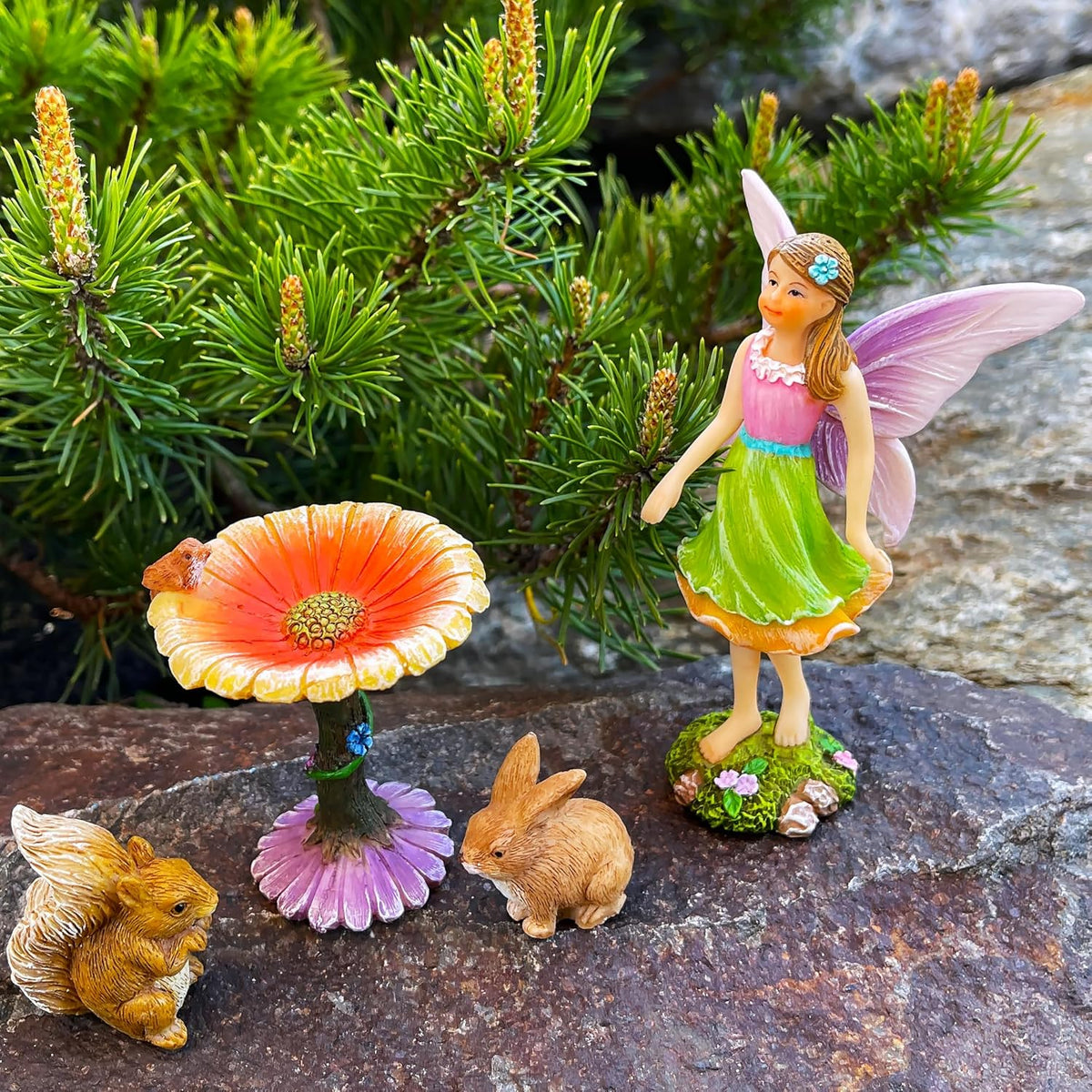 Mood Lab Fairy Garden Kit - Miniature Figurines & Accessories - Flower Set of 4 pcs - for Outdoor