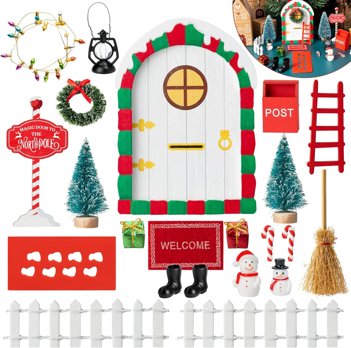 Haooryx Christmas Elf Garden Miniatures - 22Pcs Christmas Magic Fairy Doors Decoration Kit Wooden