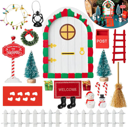 Haooryx Christmas Elf Garden Miniatures - 22Pcs Christmas Magic Fairy Doors Decoration Kit Wooden