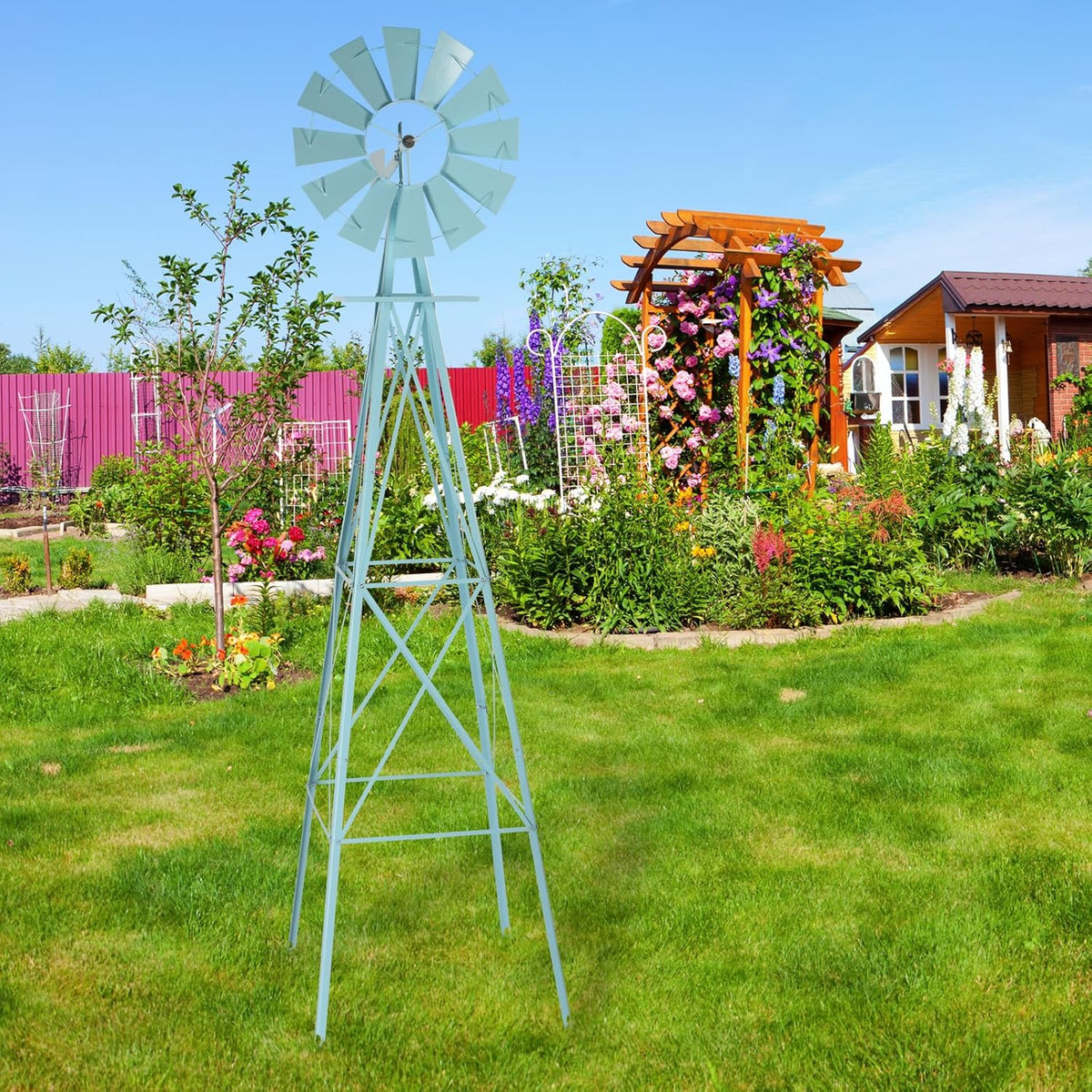 Garden Windmill for Yard Decor, 8 ft Tall Metal Windmill with Spinning Blades, Weather-Resistant