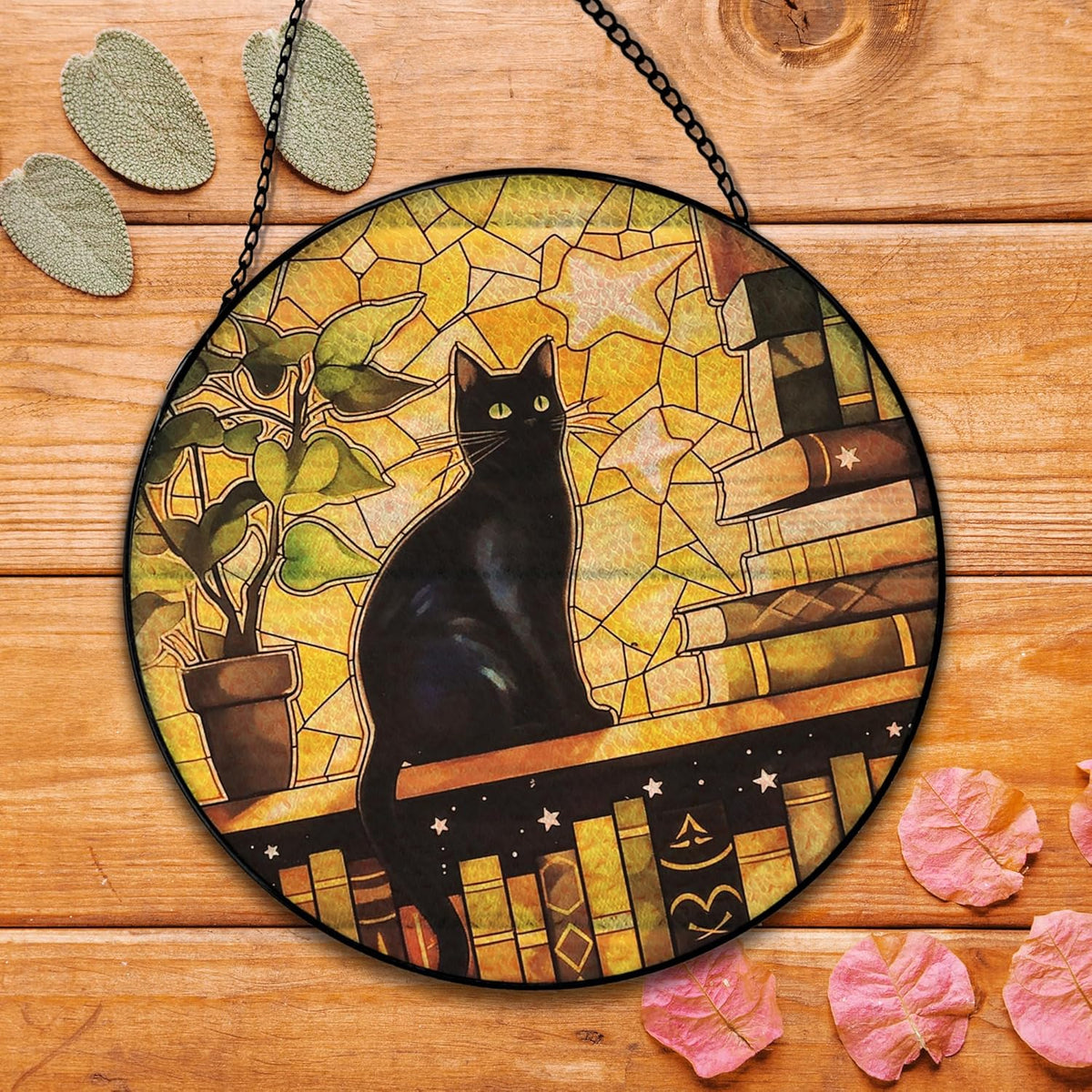 Black Cat Suncatcher Stained Glass Window Hanging, Cat Book Lovers Sun Catchers Indoor Window Glass