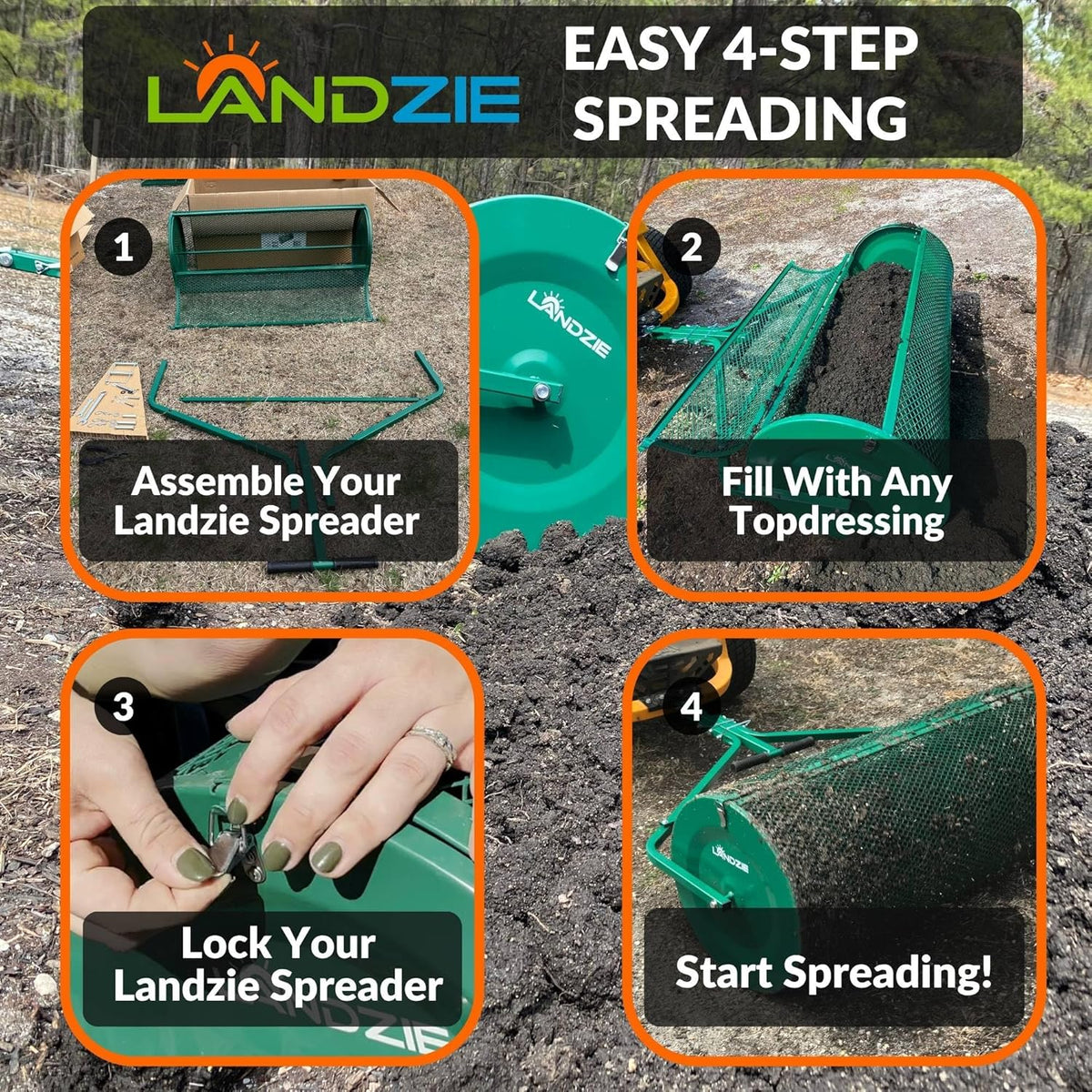 LANDZIE Lawn & Garden Spreaders - 44 Inch Heavy Duty Metal Mesh Basket Push/Tow Spreader - Compost