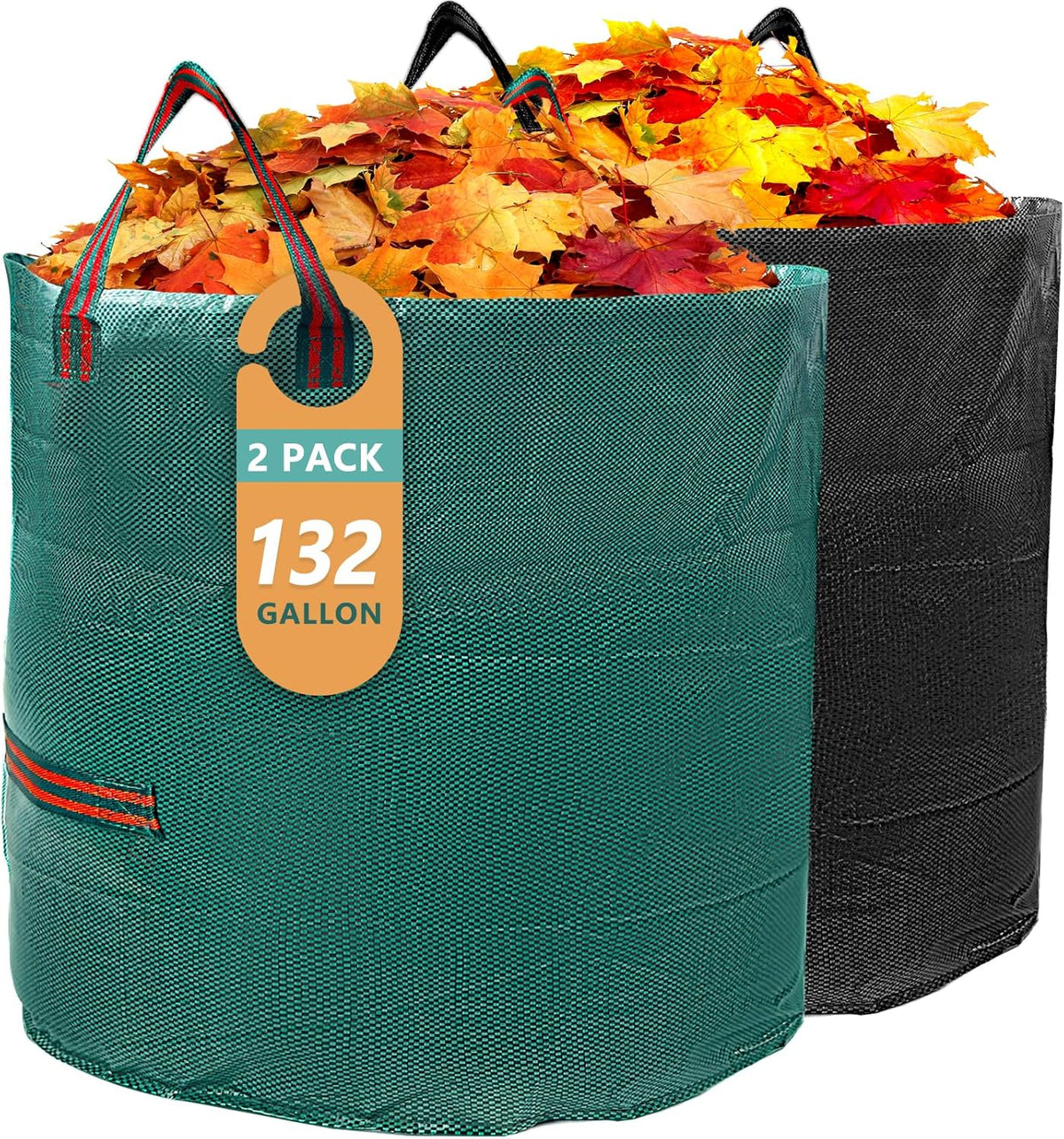 2 Pack 132 Gallon Reusable Yard Waste Bags (Green + Black), Durable Lawn and Leaf Bags with