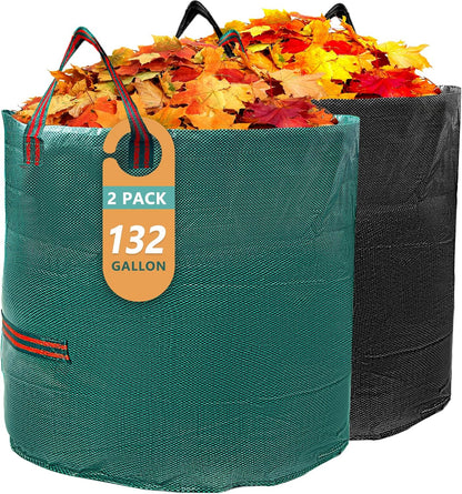 2 Pack 132 Gallon Reusable Yard Waste Bags (Green + Black), Durable Lawn and Leaf Bags with