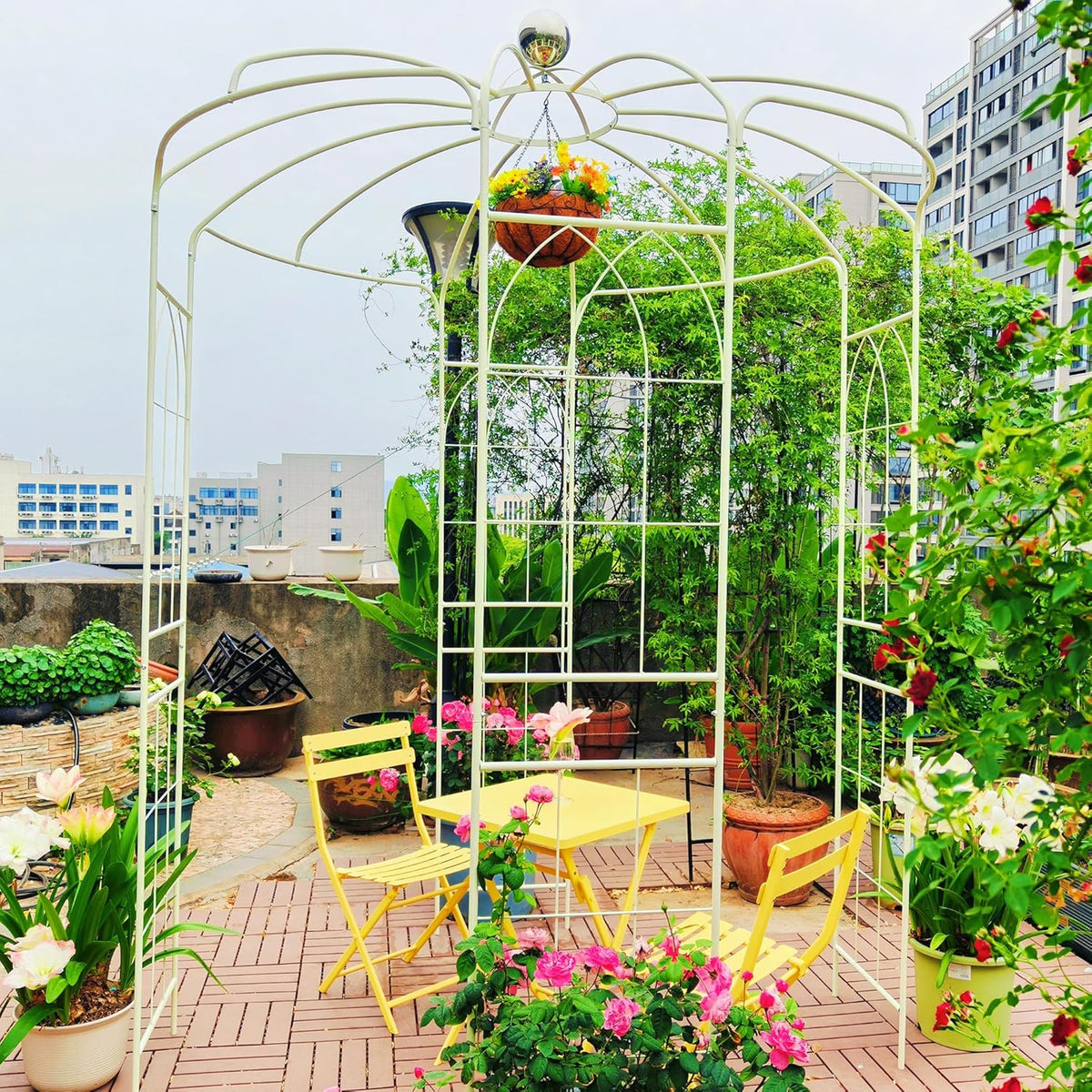 Metal Garden Trellis Arbor Arch Gazebo Birdcage Shape, Off White Pergola Pavilion fpr Climbing