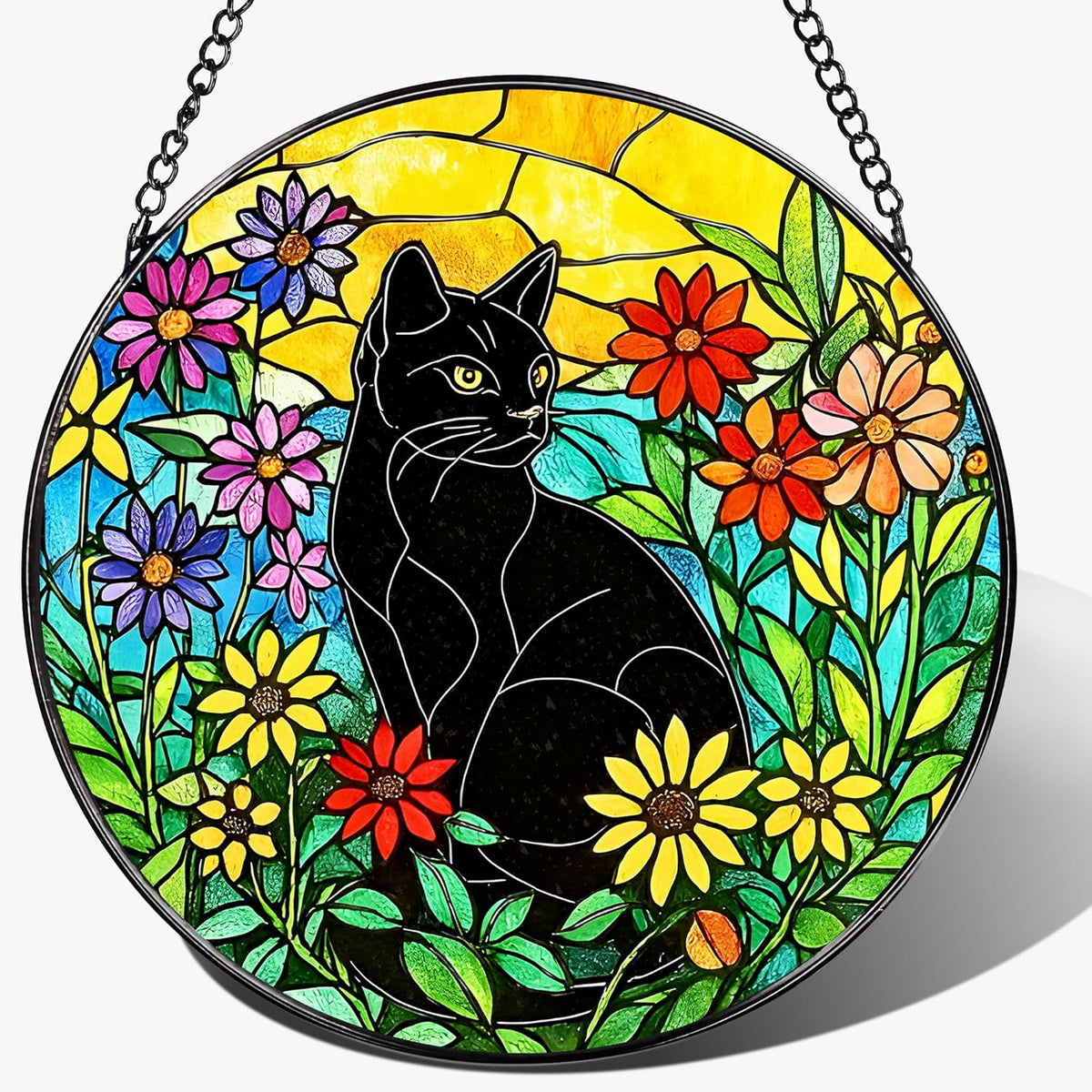 Black Cat Stained Glass Window Hanging, 8 Inch Sun Catchers Indoor Window, Suncatchers for Windows