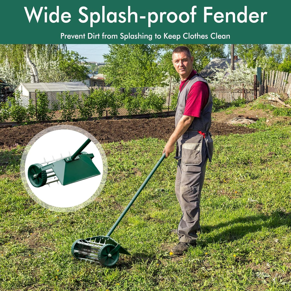 S AFSTAR Rolling Lawn Aerator with Fender, 18-Inch Hand-Push Lawn Aerator Roller W/50-Inch