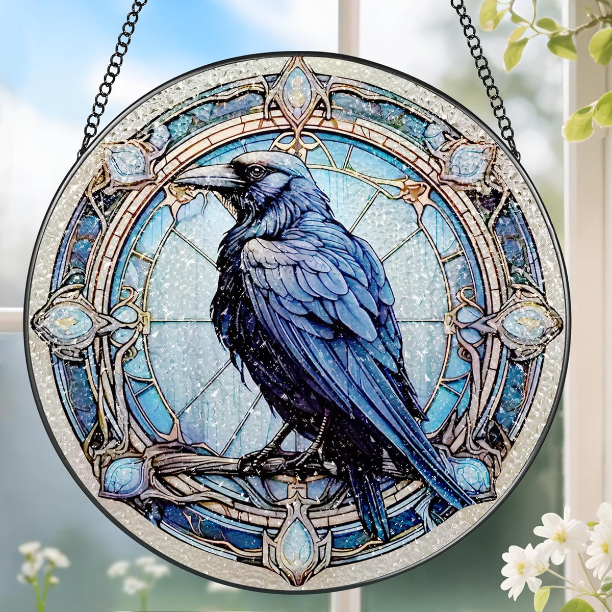 8 Inch Stained Glass Suncatcher Ornament, DOUHASU Crow Sun Catchers Indoor Window, Stained Glass
