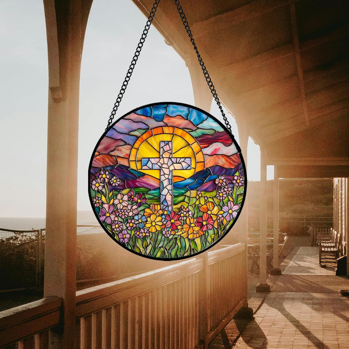 Stained Glass Window Hanging - Cross Flower Sea Sun Catcher for Door Terrace Garden Home Decor