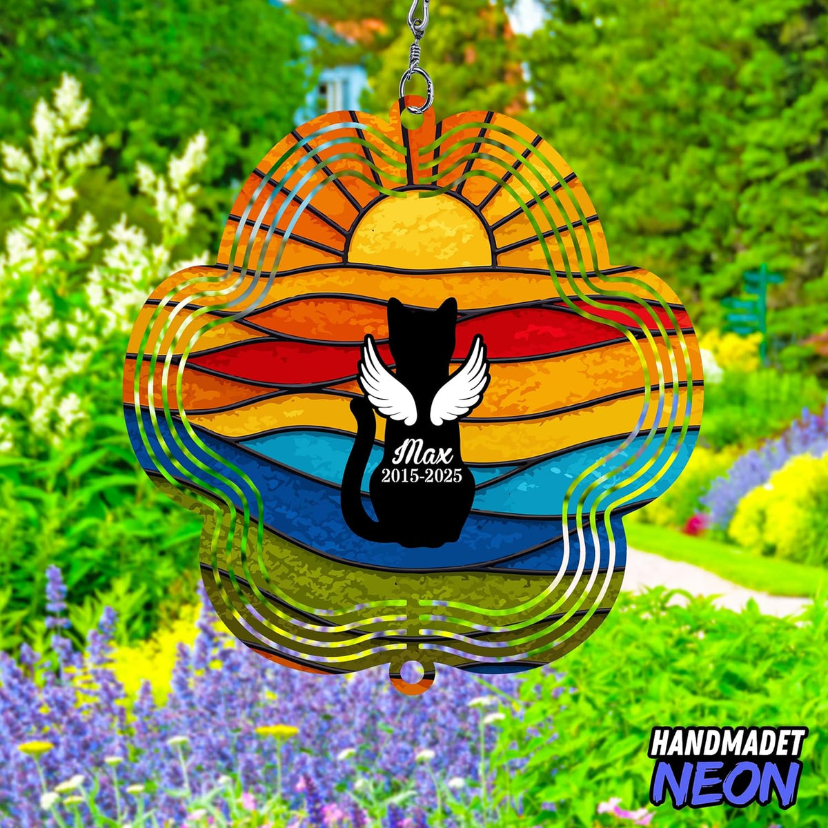 Personalized Cat Memorial Wind Spinner Metal Outdoor Art, Custom Rainbow Angel Wings 3D Kinetic