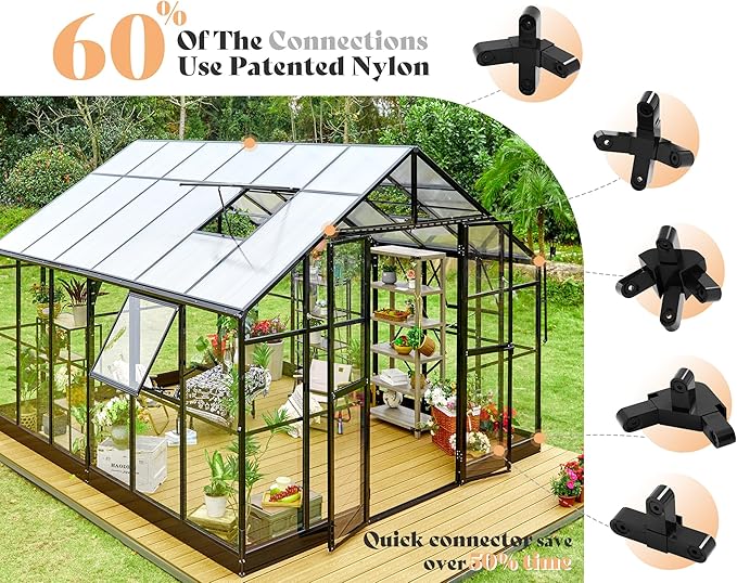 AMERLIFE 12x13.5x9 FT Hybrid Polycarbonate Greenhouse with Quick Connector Fast Assembly Clear