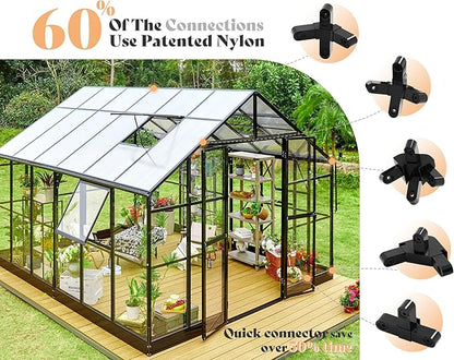 AMERLIFE 12x13.5x9 FT Hybrid Polycarbonate Greenhouse with Quick Connector Fast Assembly Clear