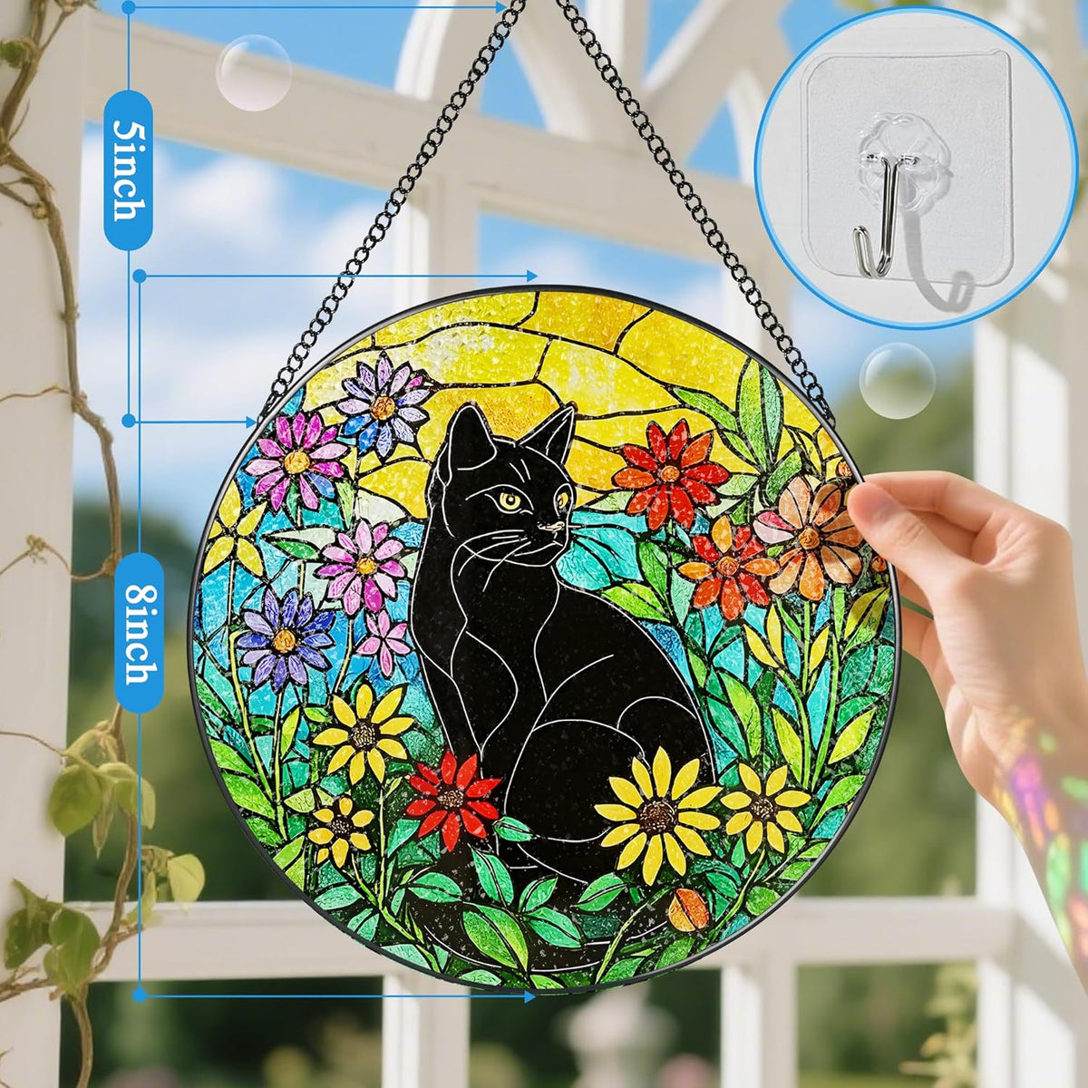 Black Cat Stained Glass Window Hanging, 8 Inch Sun Catchers Indoor Window, Suncatchers for Windows