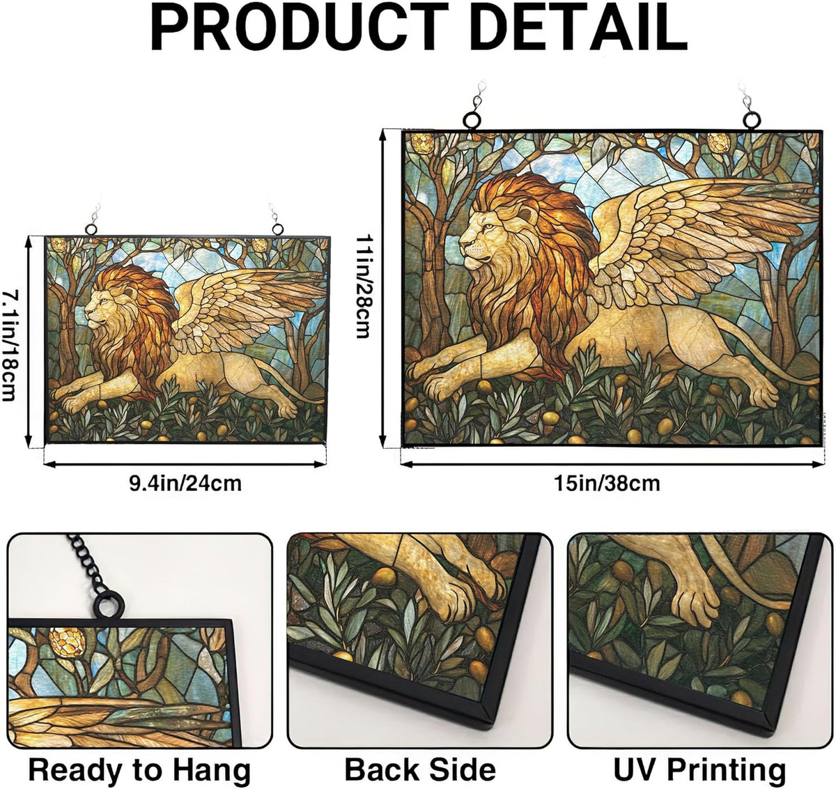 Personalized Rectangle Art Nouveau Olive Angel Lion Stained Glass Suncatcher Window Hanging, Gothic