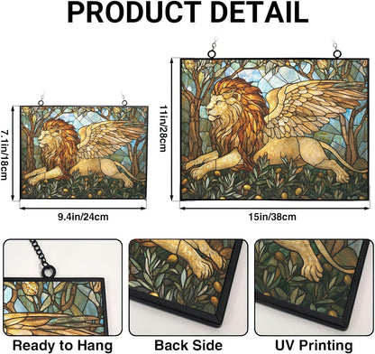 Personalized Rectangle Art Nouveau Olive Angel Lion Stained Glass Suncatcher Window Hanging, Gothic