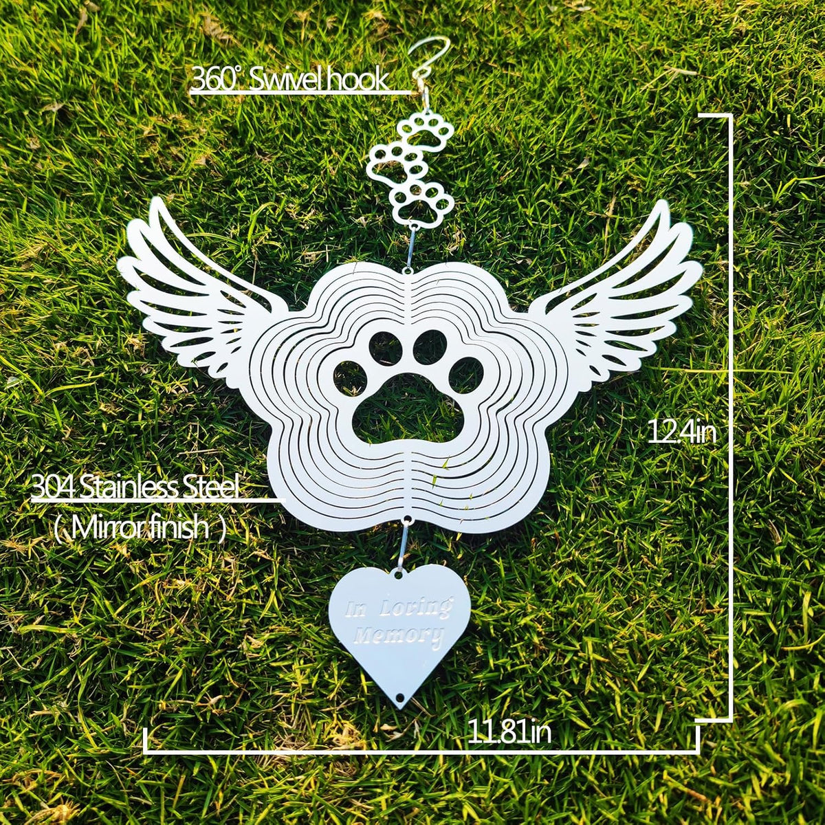 DJUAN Pet Memorial Wind Spinners, Dog Memorial Gifts,Stainless Steel Angel Wings Pet Paw Print,Dogs