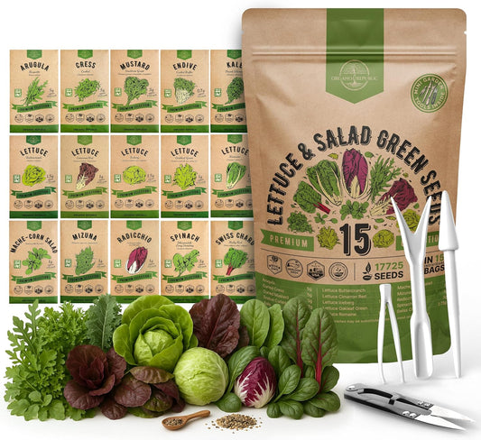 Organo Republic 15 Lettuce & Salad Greens Seeds Variety Pack 17700+ Non-GMO Heirloom Lettuce Seeds
