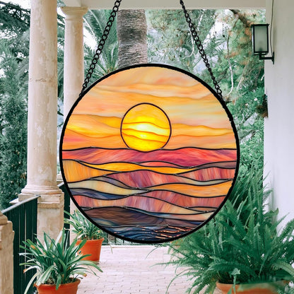 Stained Glass Window Hanging, Orange Sunrise Suncatcher Diamond Glass Panel Hangings Scenery Sun