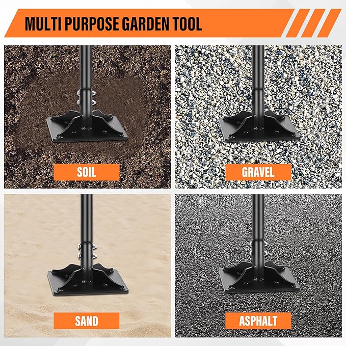 Steel Tamper 8in×8in, 45in Long-Handled Hand Tamper with Rubber Grip, Durable Ground Tamper, Ideal