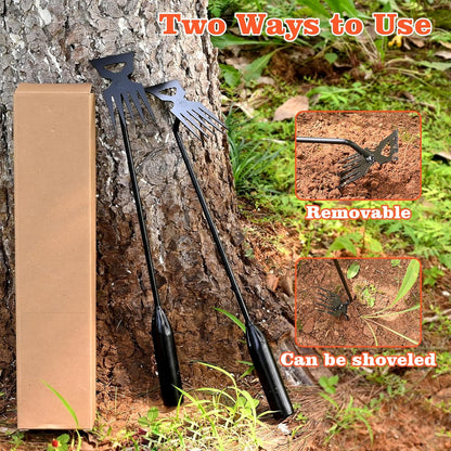 Weed Puller Tool Garden Weed Pulling Tool, 4-Tine Manganese Steel Weeder Tool - Black Coated Forged