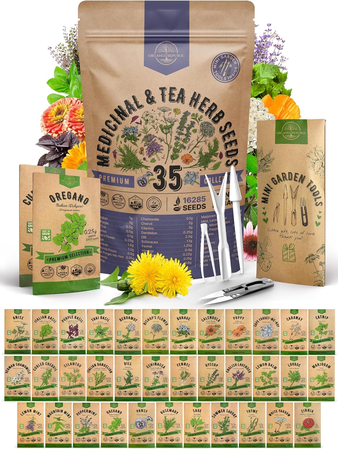 35 Medicinal & Tea Herb Seeds Variety Pack for Indoor & Outdoors. 16,335+ Non-GMO Heirloom Garden