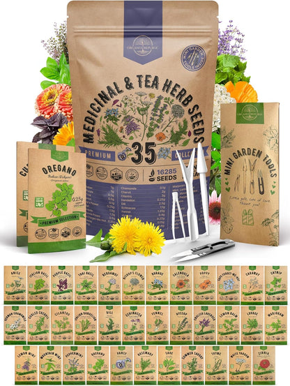 35 Medicinal & Tea Herb Seeds Variety Pack for Indoor & Outdoors. 16,335+ Non-GMO Heirloom Garden