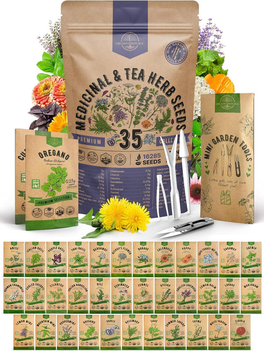 35 Medicinal & Tea Herb Seeds Variety Pack for Indoor & Outdoors. 16,335+ Non-GMO Heirloom Garden