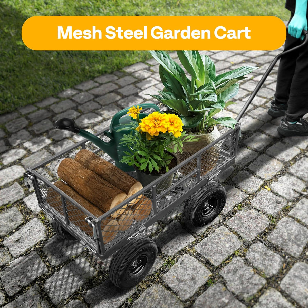VIVOHOME Heavy Duty 880 Lbs Capacity Mesh Steel Garden Cart Folding Utility Wagon with Removable