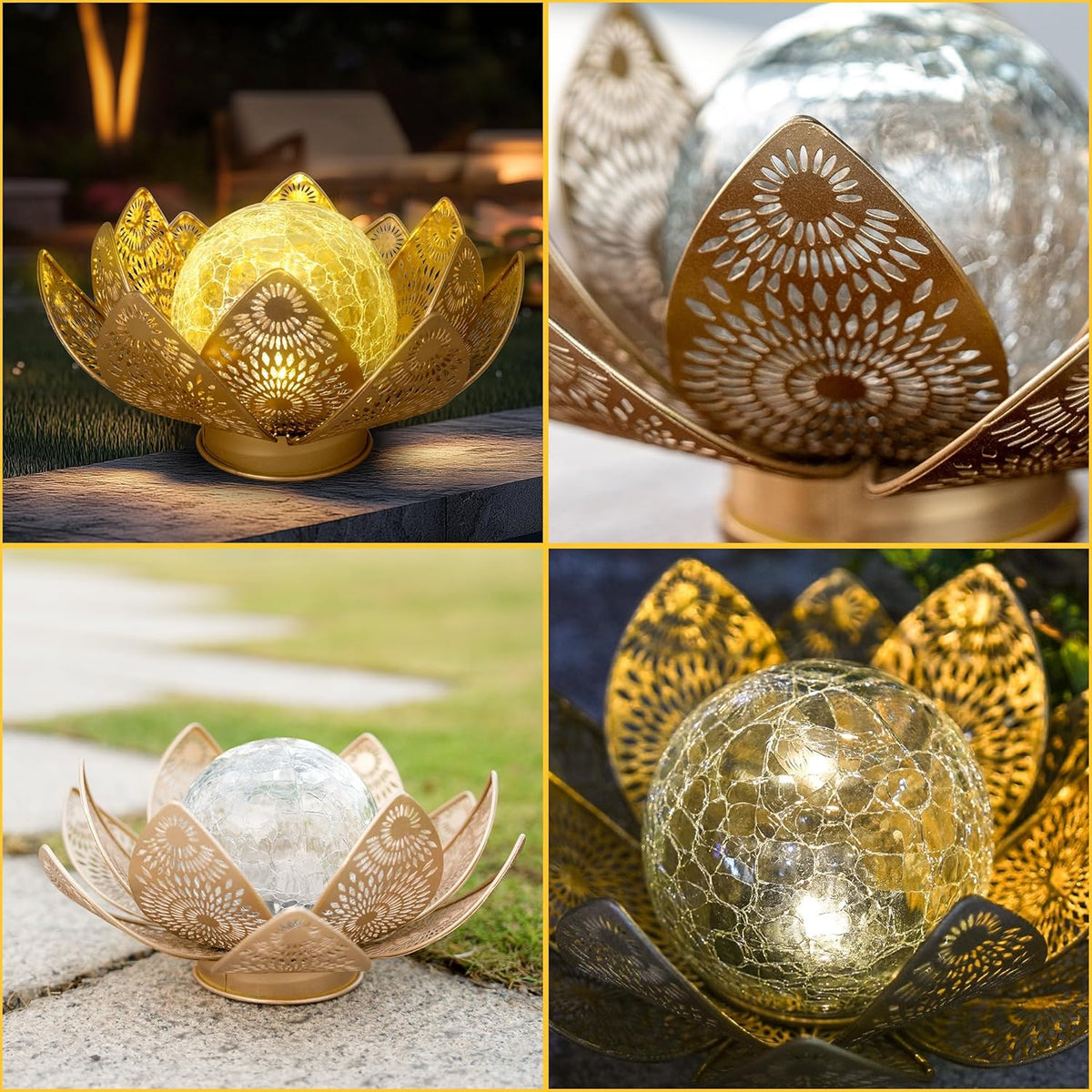 Solar Lights Outdoor Waterproof Lotus Flower Metal Yard Art Decoration Crackle Globe Glass Solar