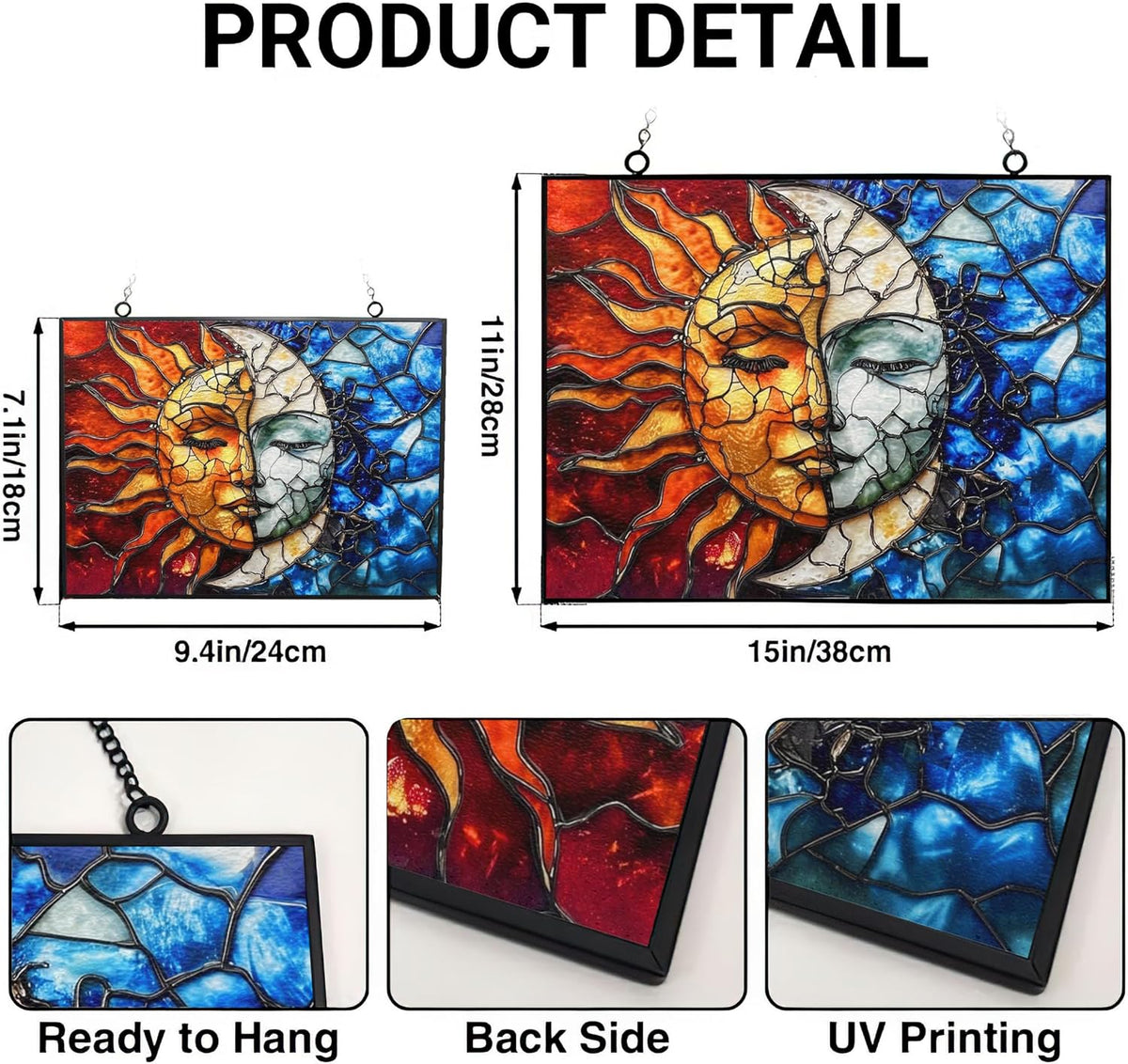 Rectangle Sun and Moon Stained Glass Suncatcher Window Hangings, Suncatchers Colorful Glass Panel