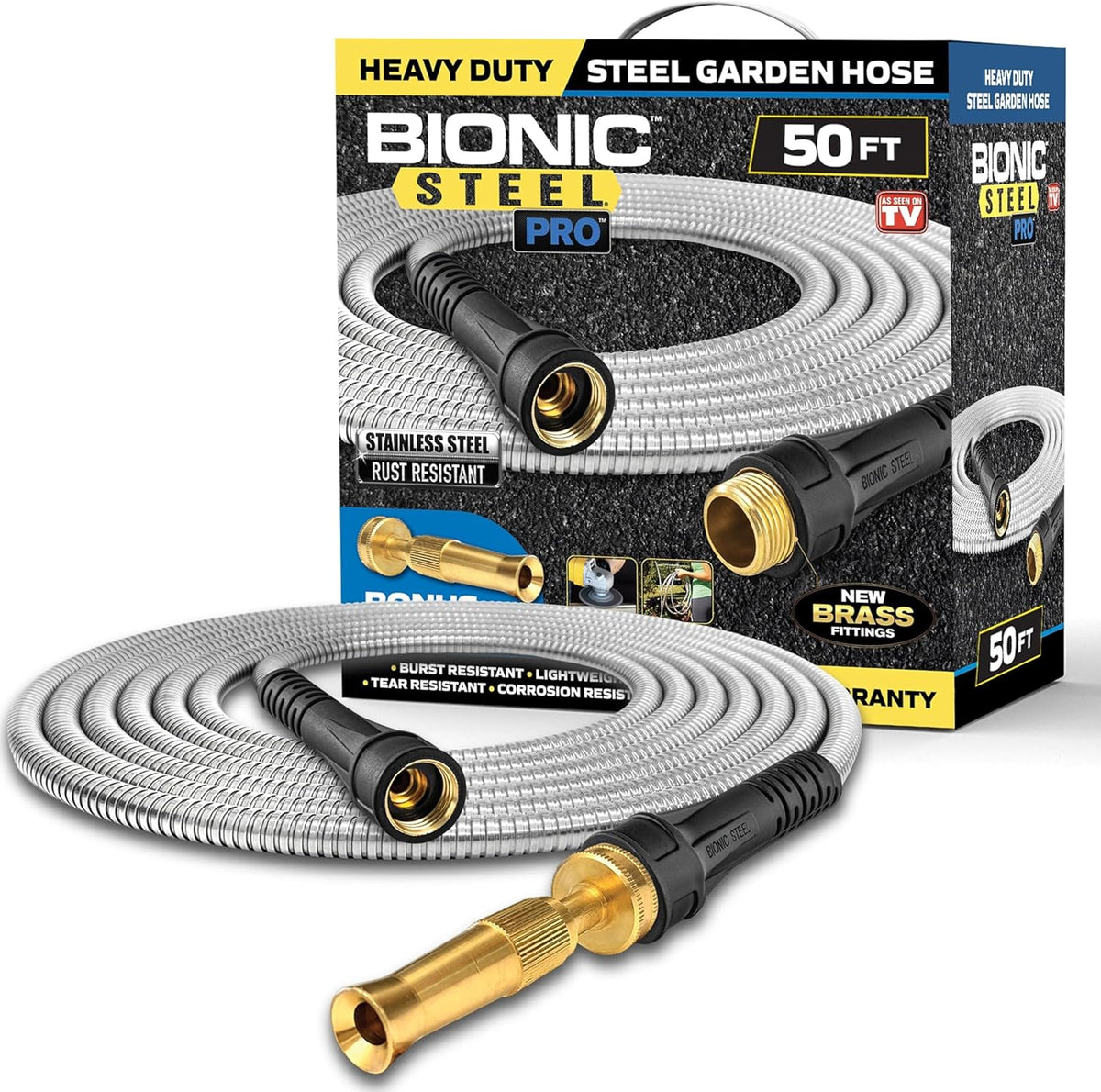 BIONIC STEEL PRO Metal Garden Hose 50 Ft with Nozzle, 304 Stainless Steel Water Hose, 50 Ft Garden